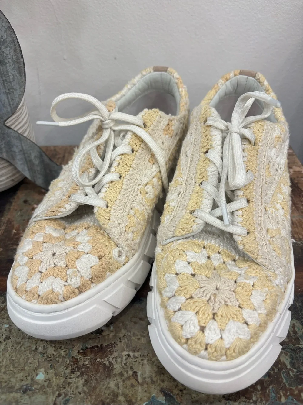 Free People Crochet Platform Sneakers in Cream and White